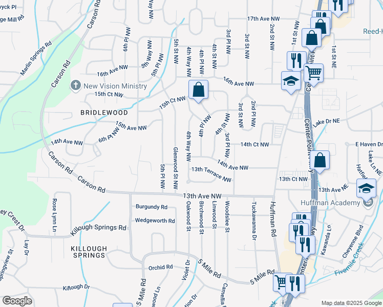 map of restaurants, bars, coffee shops, grocery stores, and more near 1401 4th Way Northwest in Center Point