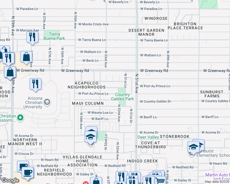 map of restaurants, bars, coffee shops, grocery stores, and more near 5208 West Port Au Prince Lane in Glendale
