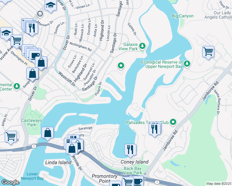 map of restaurants, bars, coffee shops, grocery stores, and more near 218 Evening Star Lane in Newport Beach