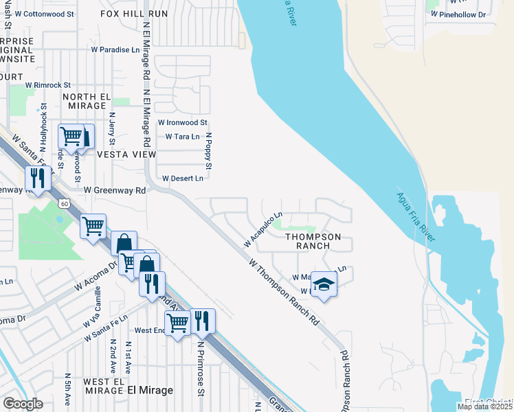 map of restaurants, bars, coffee shops, grocery stores, and more near 15205 North Luna Street in El Mirage