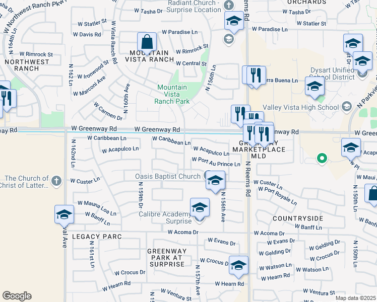 map of restaurants, bars, coffee shops, grocery stores, and more near 15306 North 157th Avenue in Surprise