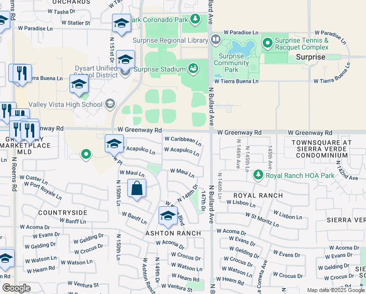 map of restaurants, bars, coffee shops, grocery stores, and more near 14848 West Acapulco Lane in Surprise