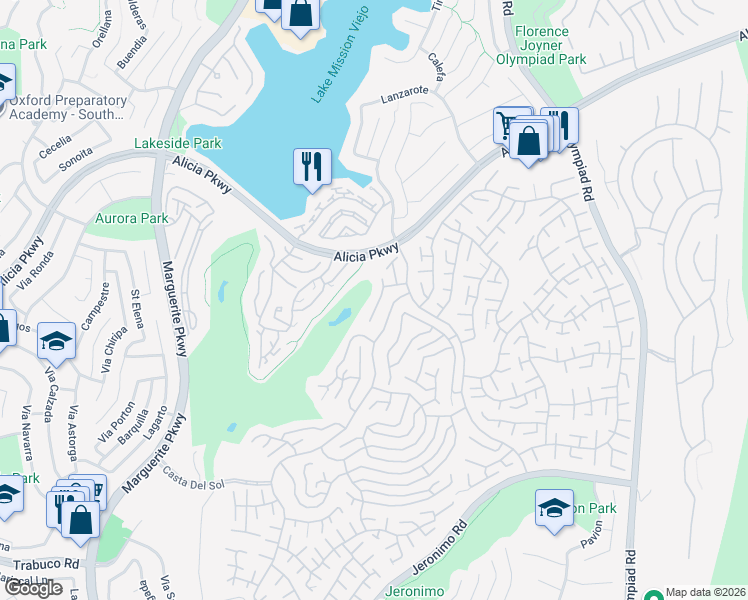 map of restaurants, bars, coffee shops, grocery stores, and more near 23491 Vía Murillo in Mission Viejo