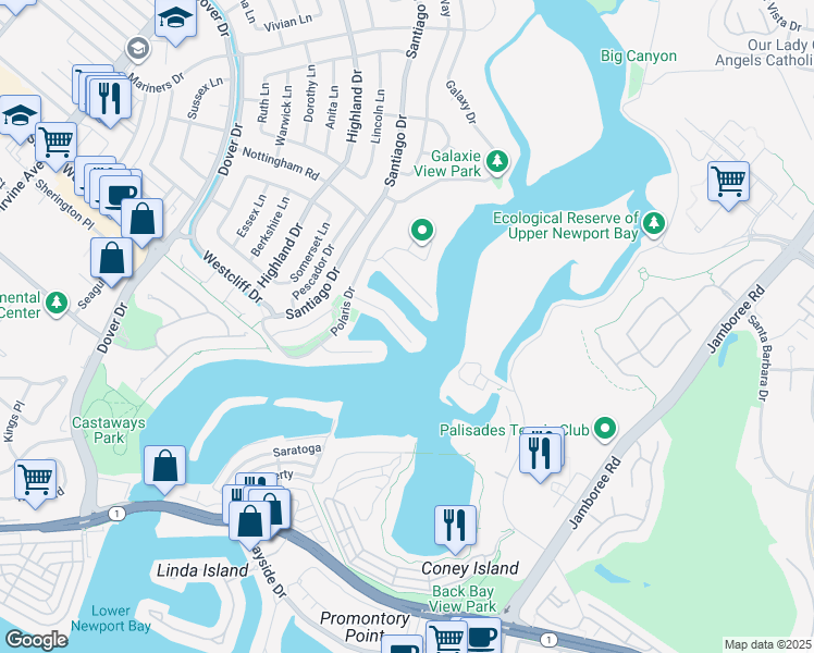 map of restaurants, bars, coffee shops, grocery stores, and more near 218 Evening Star Lane in Newport Beach