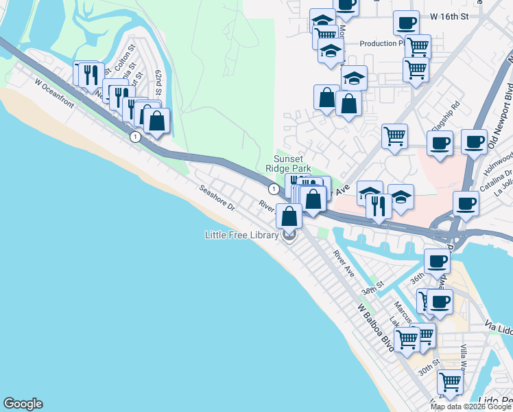 map of restaurants, bars, coffee shops, grocery stores, and more near 4915 River Avenue in Newport Beach