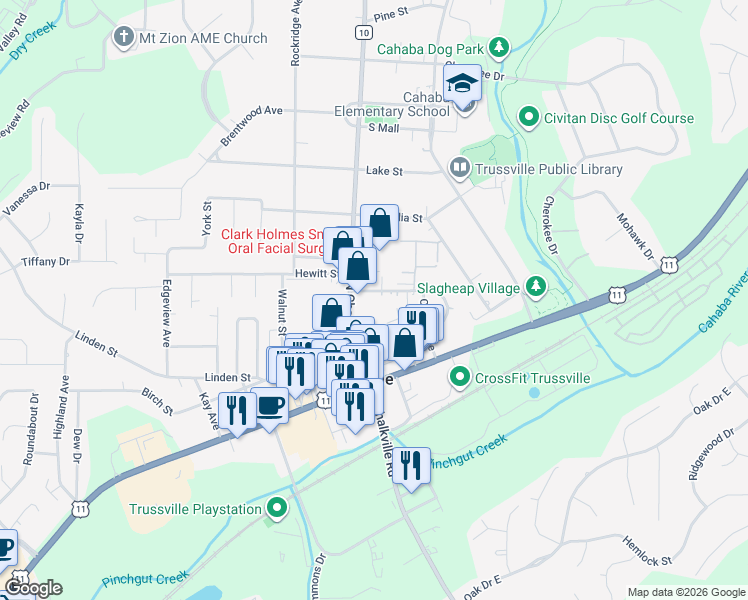 map of restaurants, bars, coffee shops, grocery stores, and more near 174 Vann Circle in Trussville