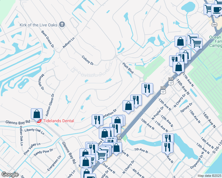 map of restaurants, bars, coffee shops, grocery stores, and more near 1114 Plantation Drive in Myrtle Beach