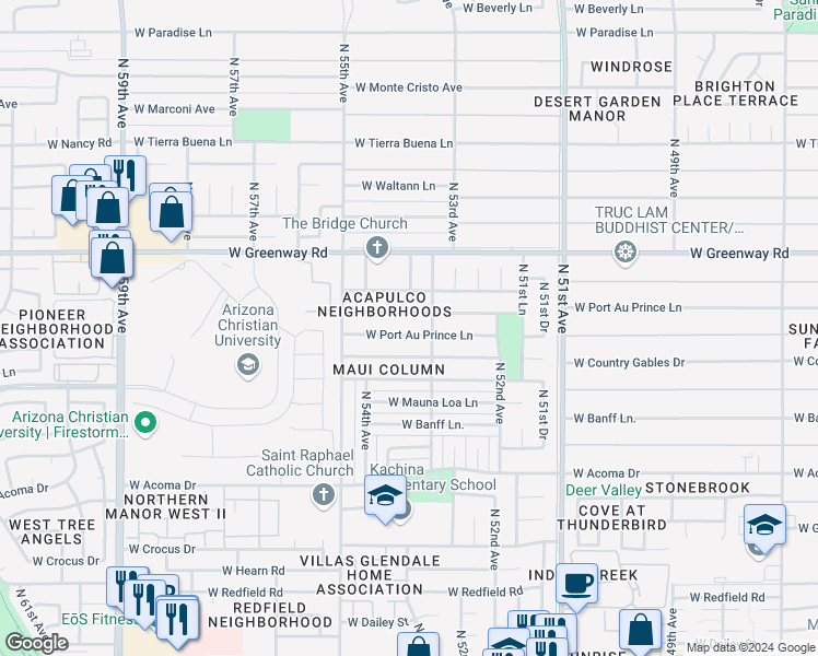 map of restaurants, bars, coffee shops, grocery stores, and more near 5322 West Port Au Prince Lane in Glendale