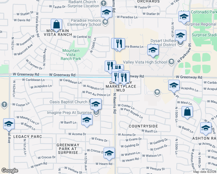 map of restaurants, bars, coffee shops, grocery stores, and more near 15554 West Acapulco Lane in Surprise