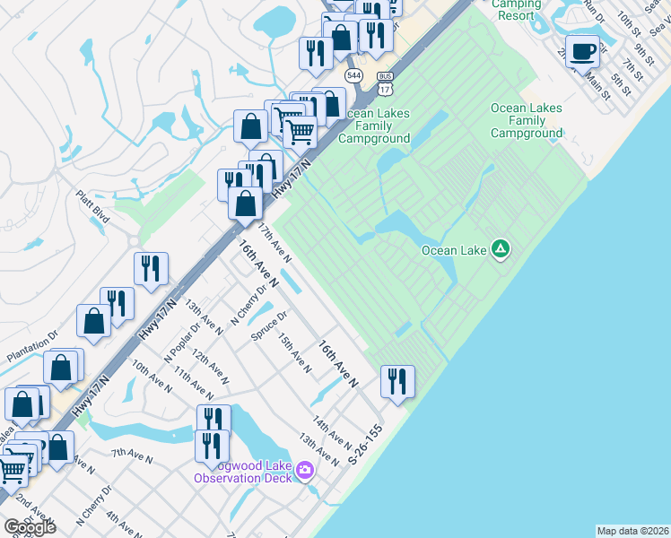 map of restaurants, bars, coffee shops, grocery stores, and more near 1729 Neptune Road in Myrtle Beach