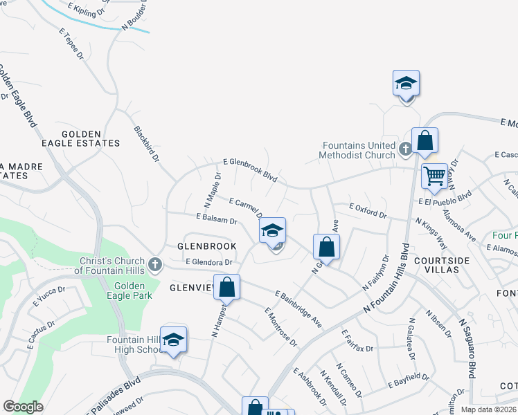 map of restaurants, bars, coffee shops, grocery stores, and more near 16256 East Carmel Drive in Fountain Hills