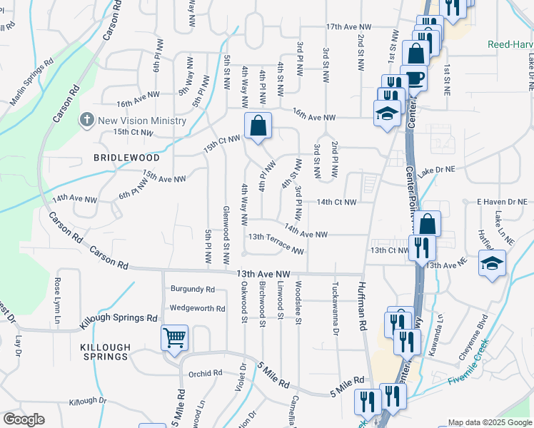 map of restaurants, bars, coffee shops, grocery stores, and more near 412 14th Avenue Northwest in Center Point