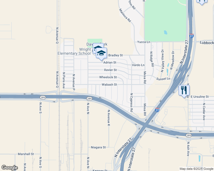 map of restaurants, bars, coffee shops, grocery stores, and more near 1001-1399 Wabash Street in Lubbock