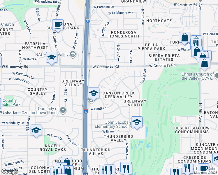 map of restaurants, bars, coffee shops, grocery stores, and more near 14852 North 24th Drive in Phoenix