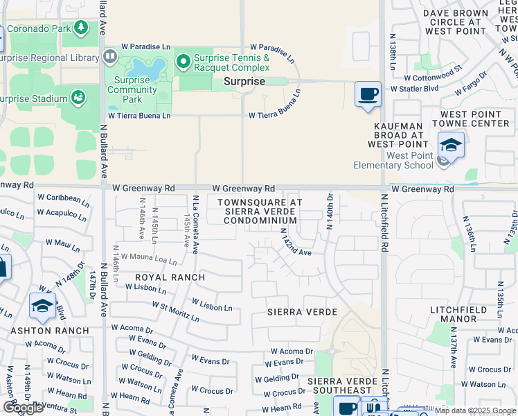 map of restaurants, bars, coffee shops, grocery stores, and more near Unnamed Road in Surprise