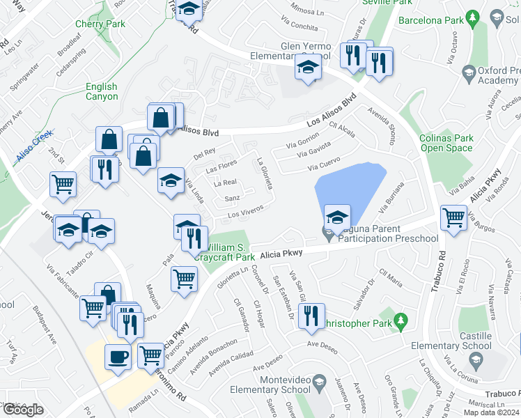 map of restaurants, bars, coffee shops, grocery stores, and more near 26232 Los Viveros in Mission Viejo
