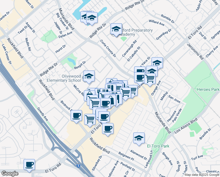 map of restaurants, bars, coffee shops, grocery stores, and more near 24541 Packer Place in Lake Forest