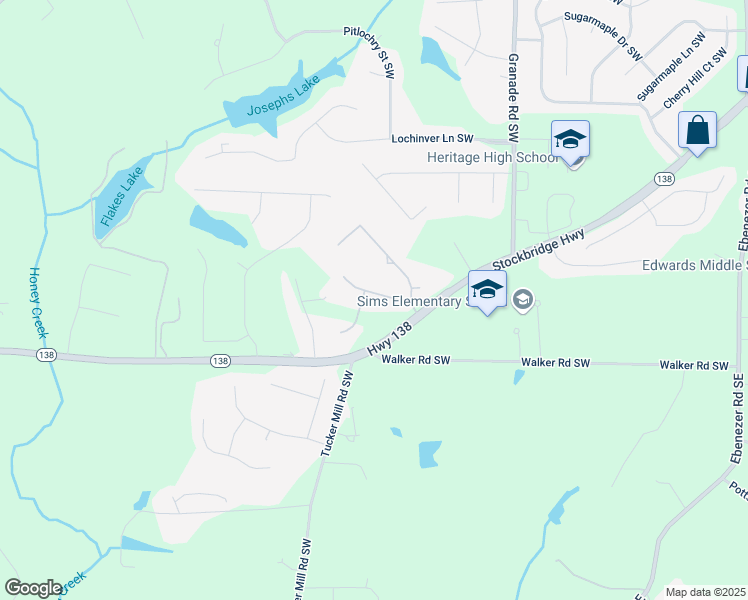 map of restaurants, bars, coffee shops, grocery stores, and more near 2612 Grove Park Lane in Conyers