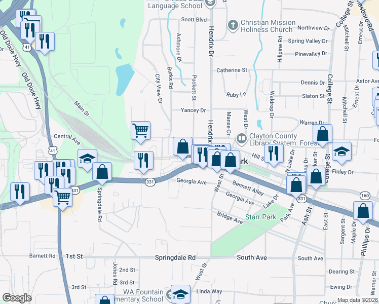 map of restaurants, bars, coffee shops, grocery stores, and more near 546 Main Street in Forest Park