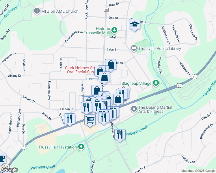 map of restaurants, bars, coffee shops, grocery stores, and more near 174 Vann Circle in Trussville