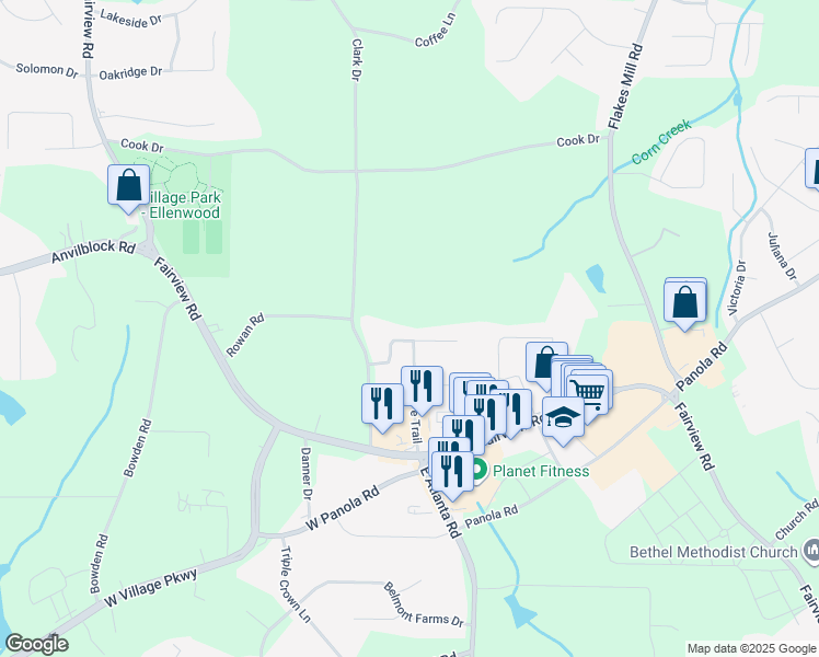 map of restaurants, bars, coffee shops, grocery stores, and more near 105 Chesapeake Drive in Ellenwood