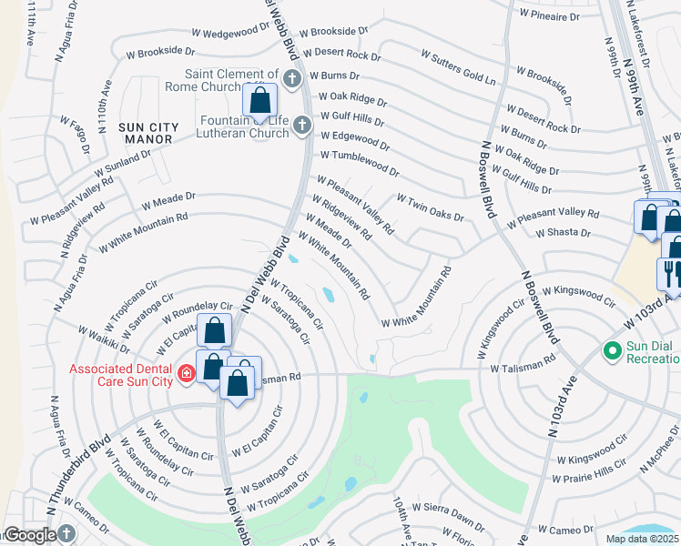 map of restaurants, bars, coffee shops, grocery stores, and more near 10467 West White Mountain Road in Sun City