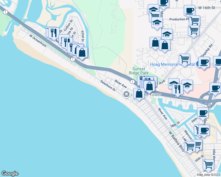 map of restaurants, bars, coffee shops, grocery stores, and more near 5201 Seashore Drive in Newport Beach