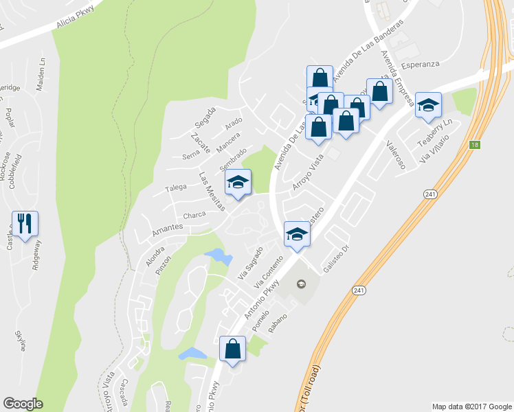 map of restaurants, bars, coffee shops, grocery stores, and more near 125 Pasto Rico in Rancho Santa Margarita