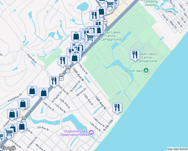 map of restaurants, bars, coffee shops, grocery stores, and more near 1729 Neptune Road in Myrtle Beach