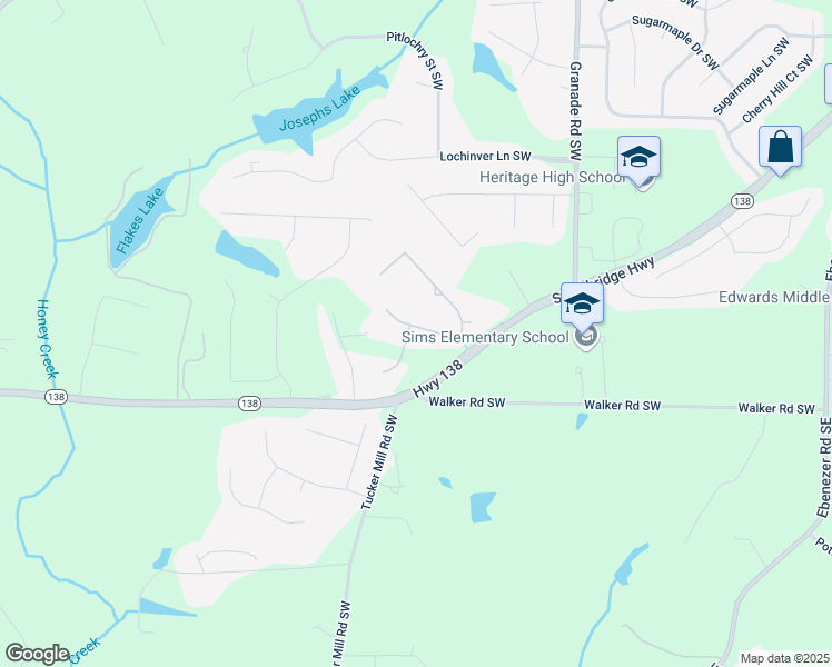map of restaurants, bars, coffee shops, grocery stores, and more near 2612 Grove Park Lane in Conyers