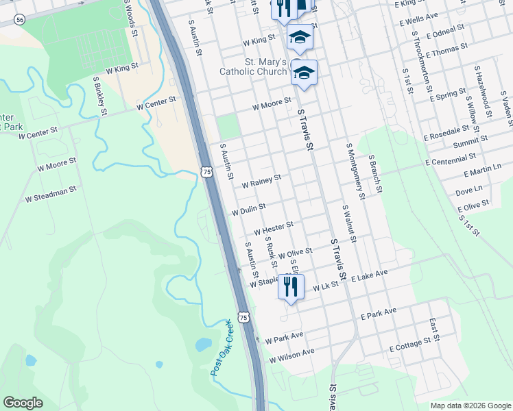 map of restaurants, bars, coffee shops, grocery stores, and more near 324 West Dulin Street in Sherman