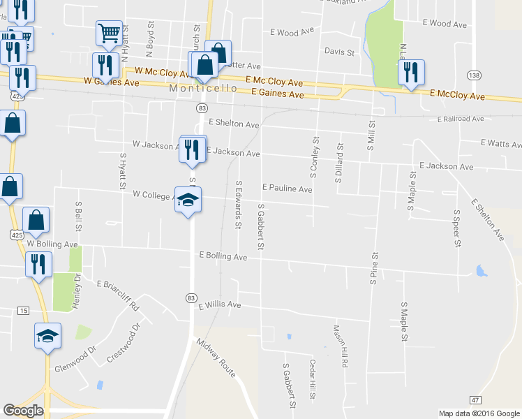 map of restaurants, bars, coffee shops, grocery stores, and more near 510 South Gabbert Street in Monticello
