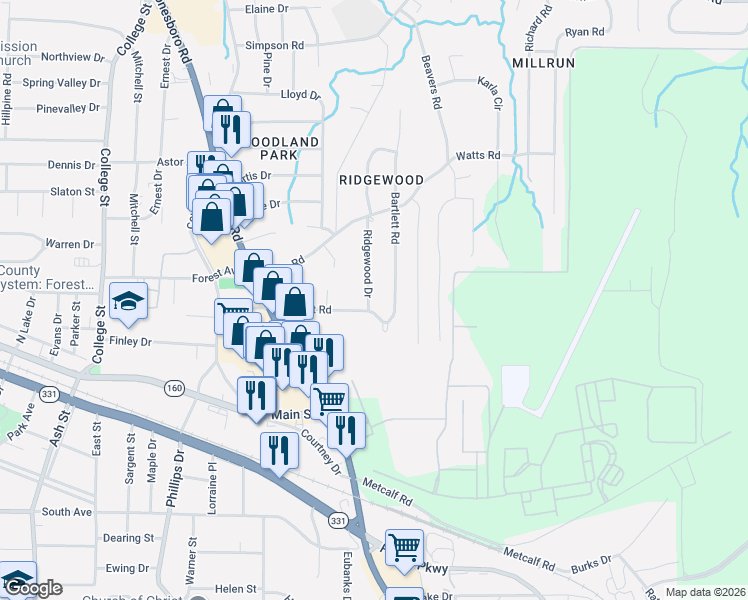 map of restaurants, bars, coffee shops, grocery stores, and more near 4909 Bartlett Road in Forest Park
