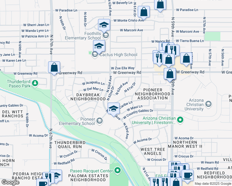 map of restaurants, bars, coffee shops, grocery stores, and more near 15231 North 62nd Drive in Glendale