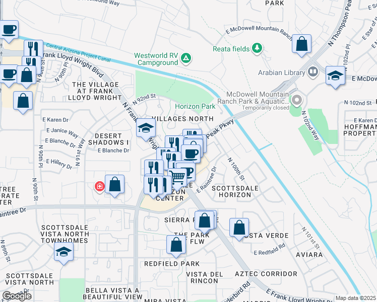 map of restaurants, bars, coffee shops, grocery stores, and more near 15035 North Thompson Peak Parkway in Scottsdale