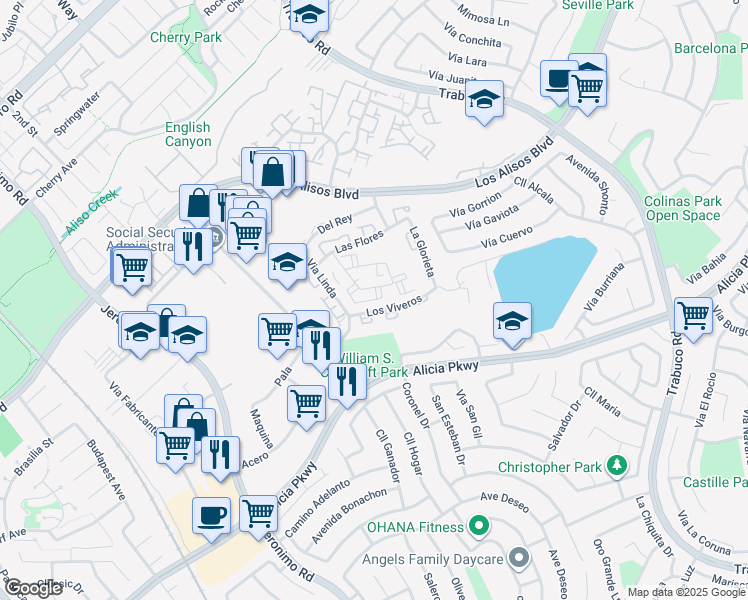 map of restaurants, bars, coffee shops, grocery stores, and more near 26196 Sanz in Mission Viejo