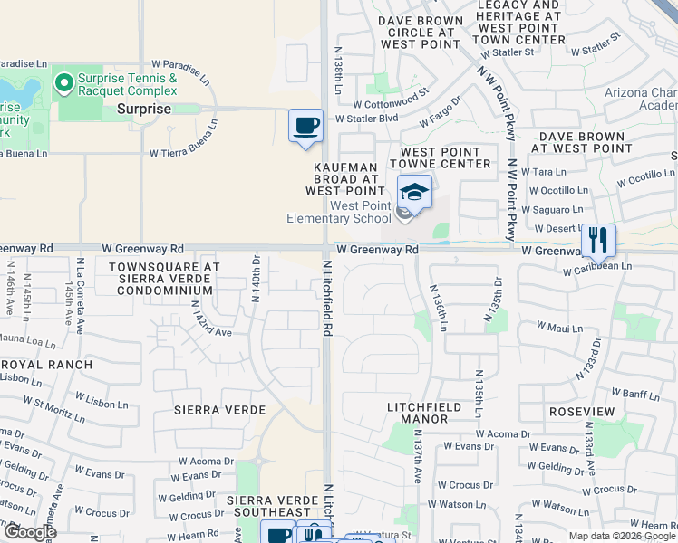 map of restaurants, bars, coffee shops, grocery stores, and more near 15262 North 138th Lane in Surprise
