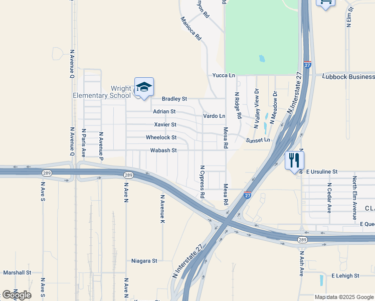 map of restaurants, bars, coffee shops, grocery stores, and more near 901-999 Wabash Street in Lubbock