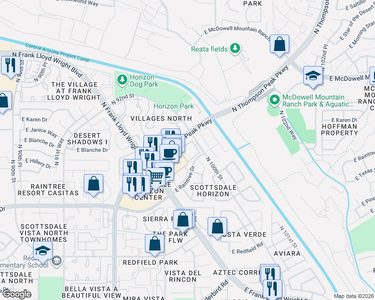 map of restaurants, bars, coffee shops, grocery stores, and more near 14951 North 97th Place in Scottsdale
