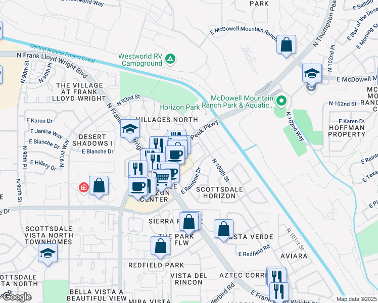map of restaurants, bars, coffee shops, grocery stores, and more near 15031 North Thompson Peak Parkway in Scottsdale