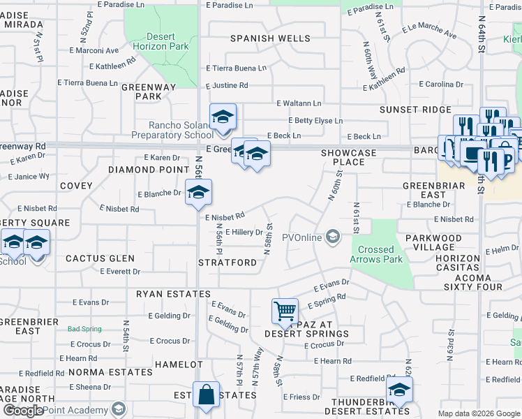 map of restaurants, bars, coffee shops, grocery stores, and more near 5725 East Nisbet Road in Scottsdale