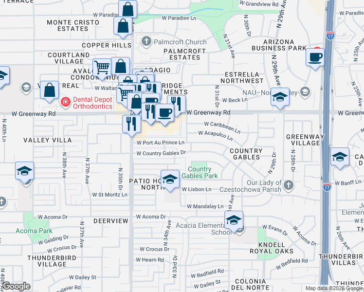 map of restaurants, bars, coffee shops, grocery stores, and more near 3250 West Country Gables Drive in Phoenix
