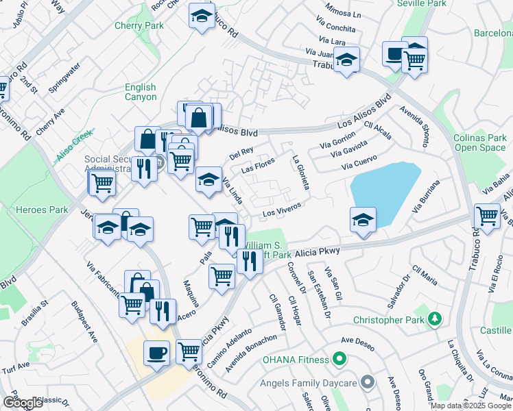 map of restaurants, bars, coffee shops, grocery stores, and more near 26192 Sanz in Mission Viejo