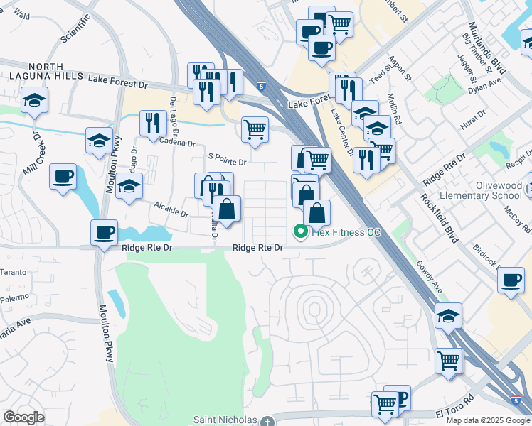 map of restaurants, bars, coffee shops, grocery stores, and more near 82 Beach Comber in Laguna Hills