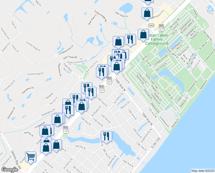 map of restaurants, bars, coffee shops, grocery stores, and more near 1415 U.S. 17 Business in Surfside Beach