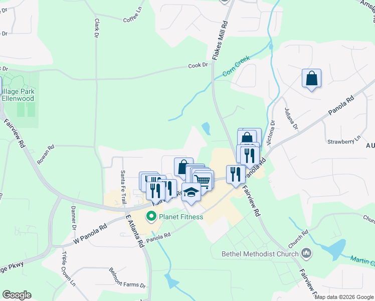 map of restaurants, bars, coffee shops, grocery stores, and more near 111 Lackawanna Trail in Ellenwood