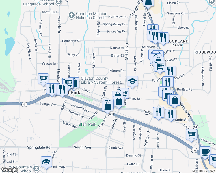 map of restaurants, bars, coffee shops, grocery stores, and more near 4841 Evans Drive in Forest Park