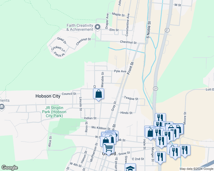 map of restaurants, bars, coffee shops, grocery stores, and more near 326 Wilkerson Drive in Anniston
