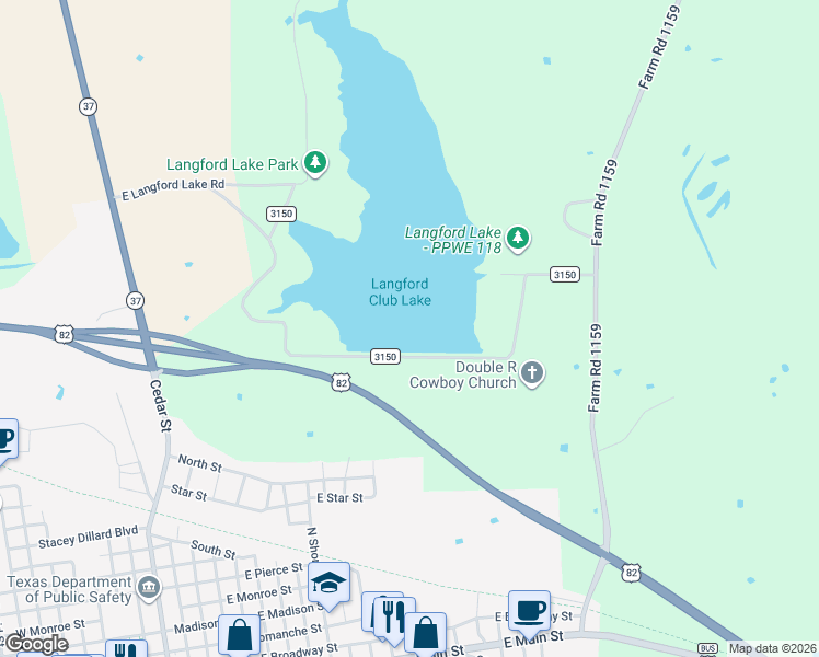map of restaurants, bars, coffee shops, grocery stores, and more near County Road 3150 in Clarksville