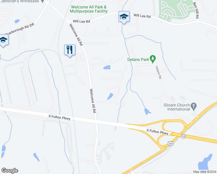 map of restaurants, bars, coffee shops, grocery stores, and more near 4135 Jeffrey Drive Southwest in Atlanta